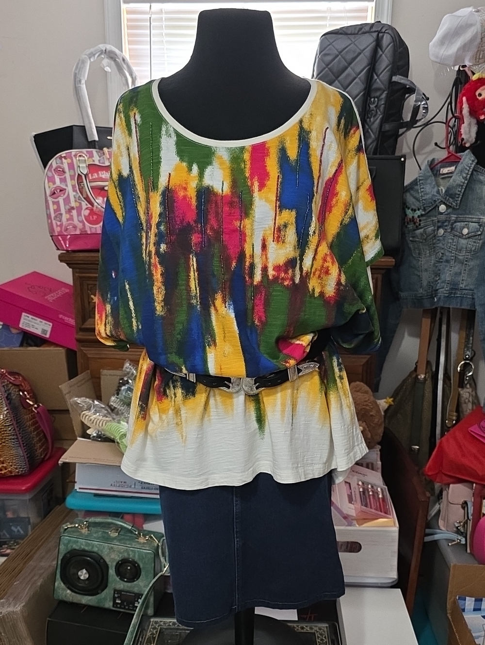 Investments Abstract Scoop-Neck Tunic in Green, Blue & Yellow